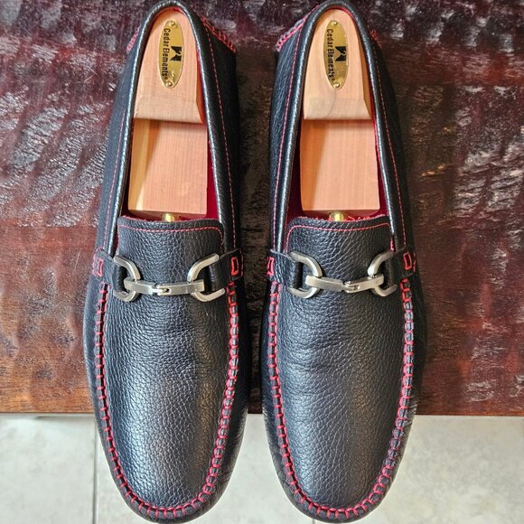 Donald Pliner Men's Soft Leather Horsebit Loafers, Black/Red, Sz 12 - Picture 2 of 16
